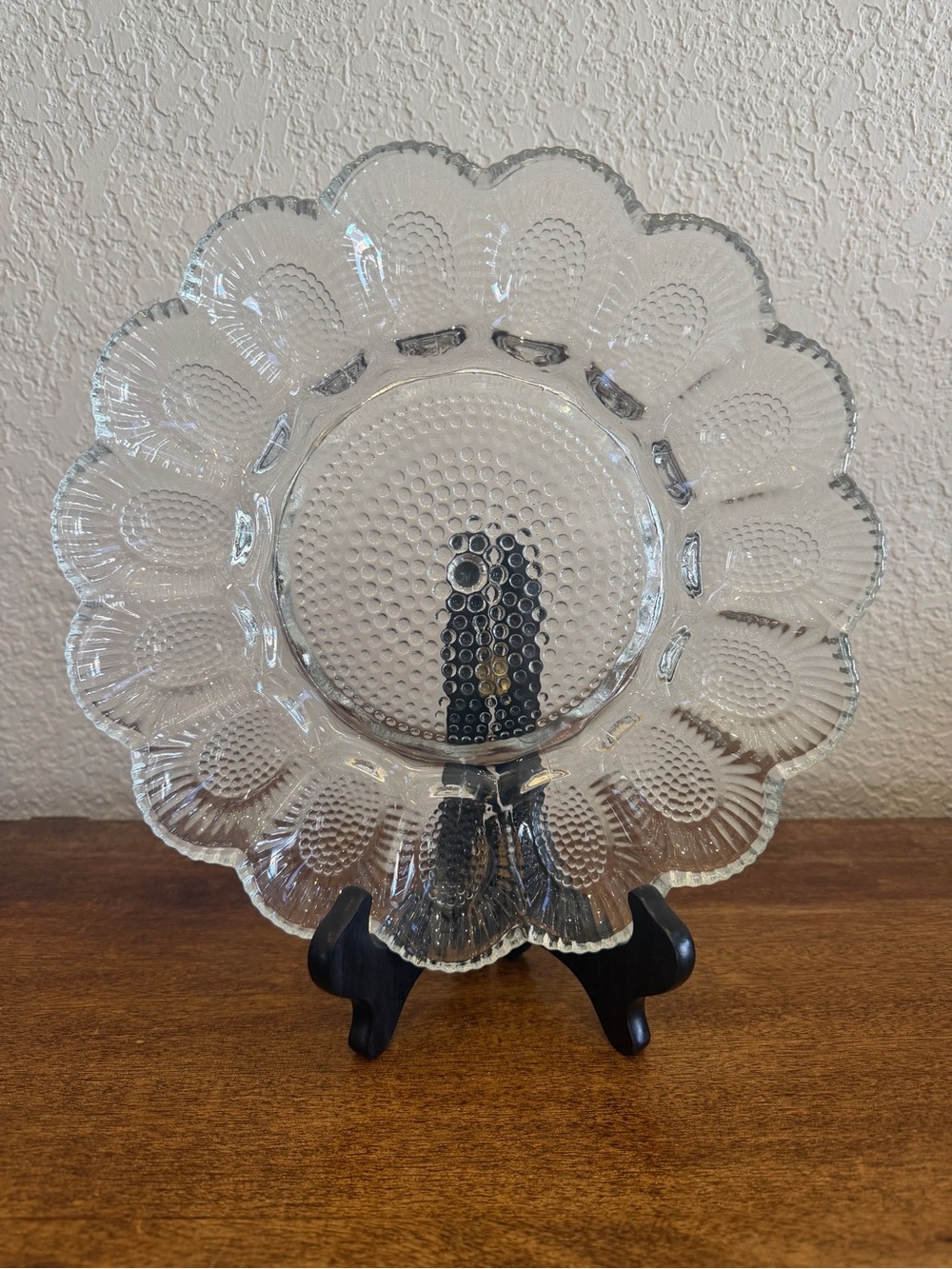 Vintage Clear Glass Hobnail Deviled Egg Plate 11” Scalloped Serving Platter.